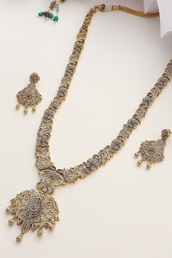Gold Finish Multi-Colored Stone Long Temple Necklace Set by MUDRA LUXE at Pernia's Pop Up Shop