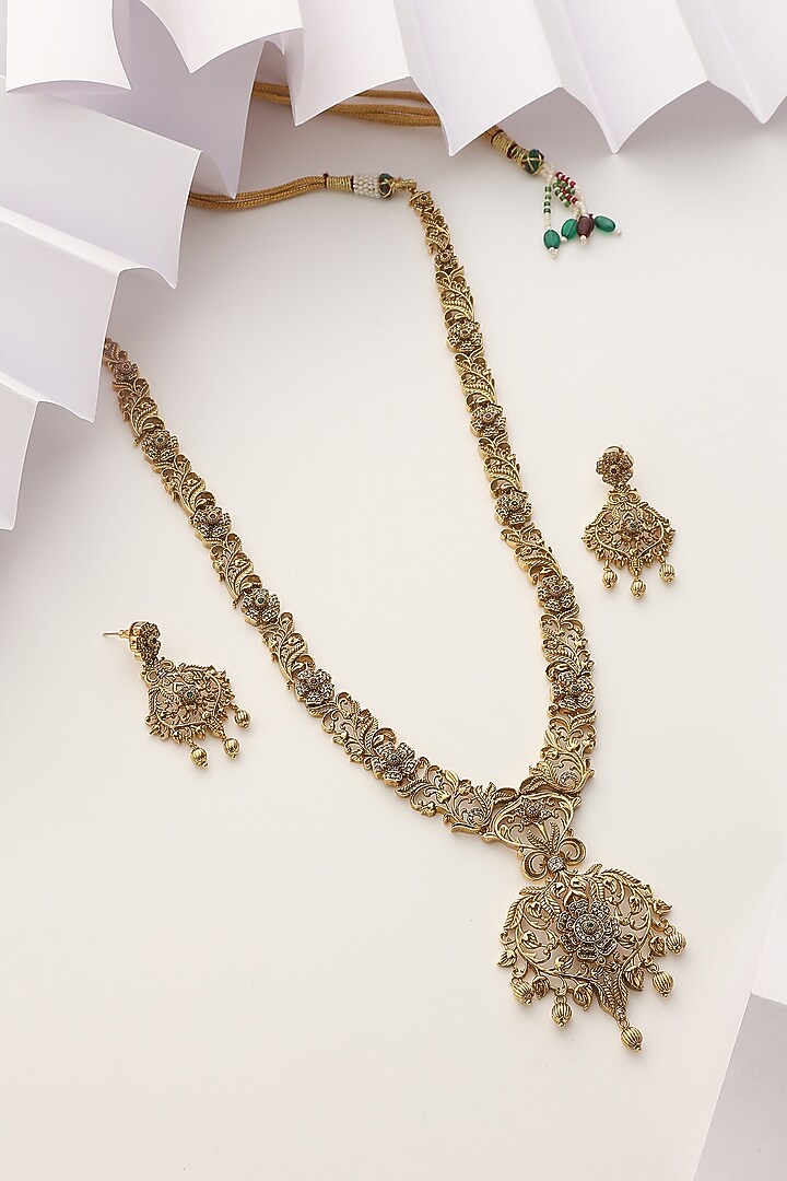 Gold Finish Multi-Colored Stone Long Temple Necklace Set by MUDRA LUXE at Pernia's Pop Up Shop