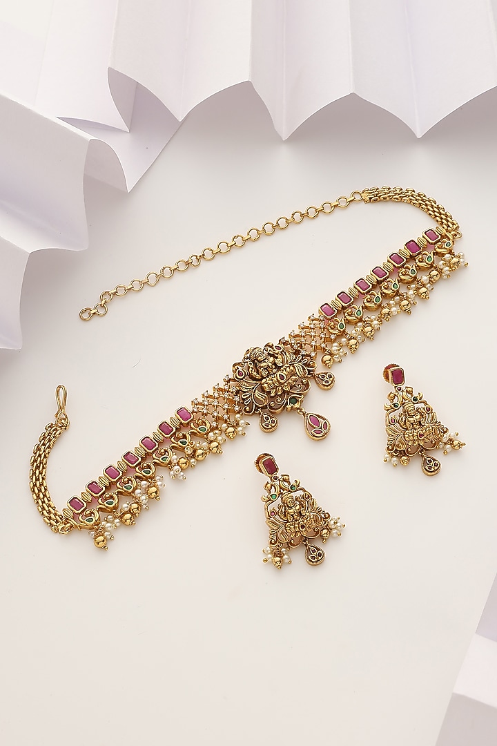 Gold Finish Red Stone Choker Temple Necklace Set by MUDRA LUXE at Pernia's Pop Up Shop