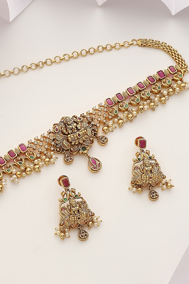 Gold Finish Red Stone Choker Temple Necklace Set by MUDRA LUXE at Pernia's Pop Up Shop