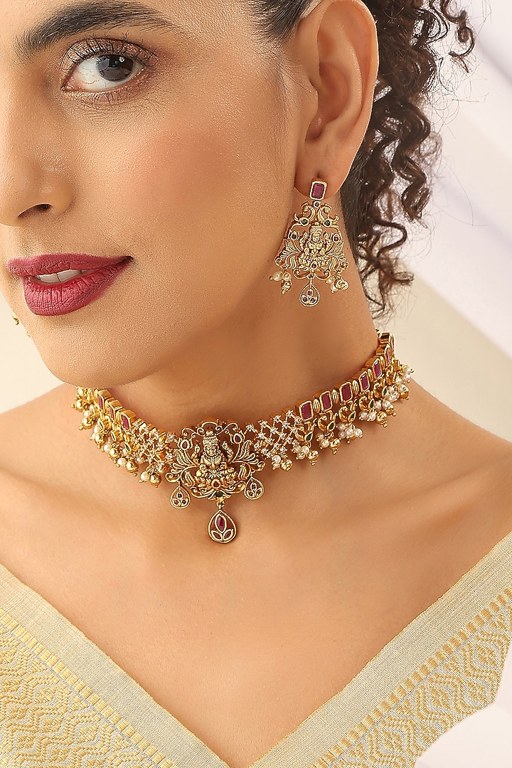 Gold Finish Red Stone Choker Temple Necklace Set by MUDRA LUXE at Pernia's Pop Up Shop