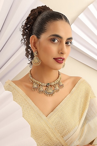 Gold Finish Green Stone Long Temple Necklace Set by MUDRA LUXE