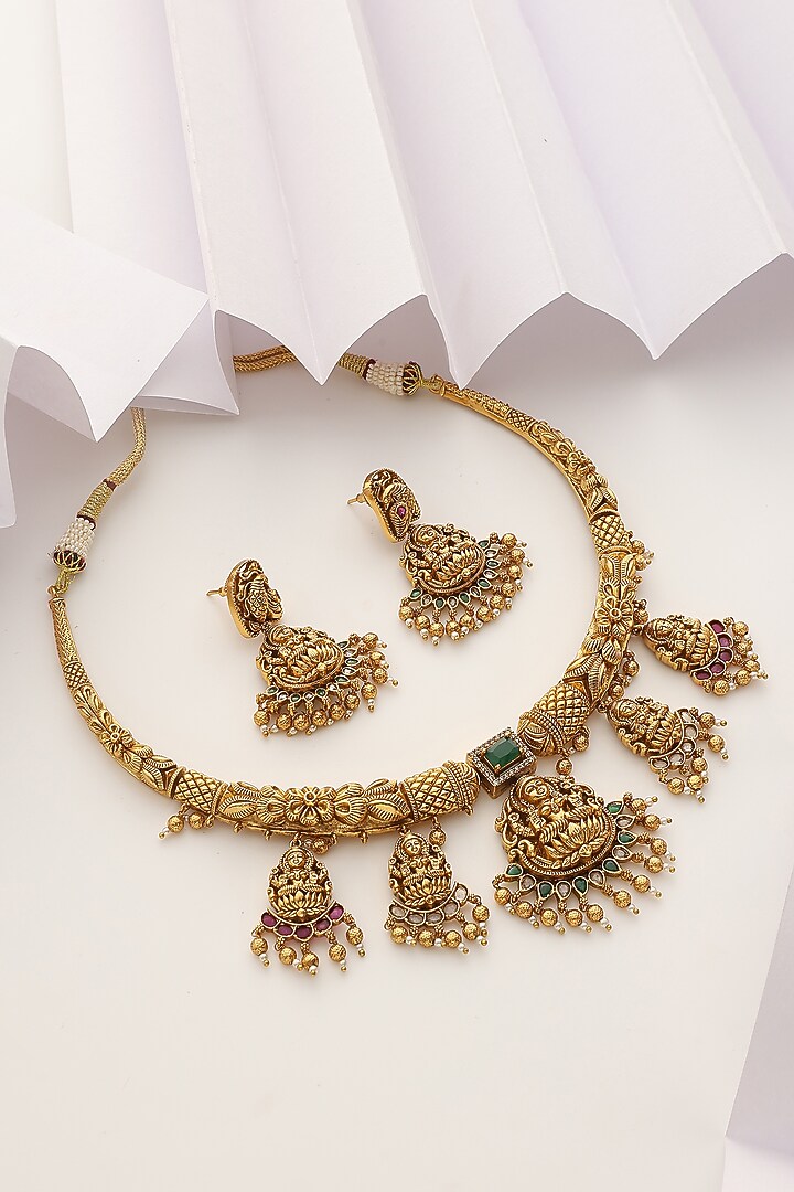 Gold Finish Green Stone Long Temple Necklace Set by MUDRA LUXE at Pernia's Pop Up Shop