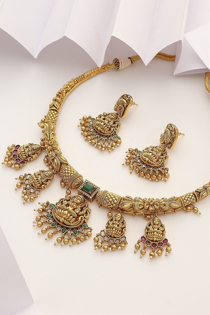 Gold Finish Green Stone Long Temple Necklace Set by MUDRA LUXE at Pernia's Pop Up Shop