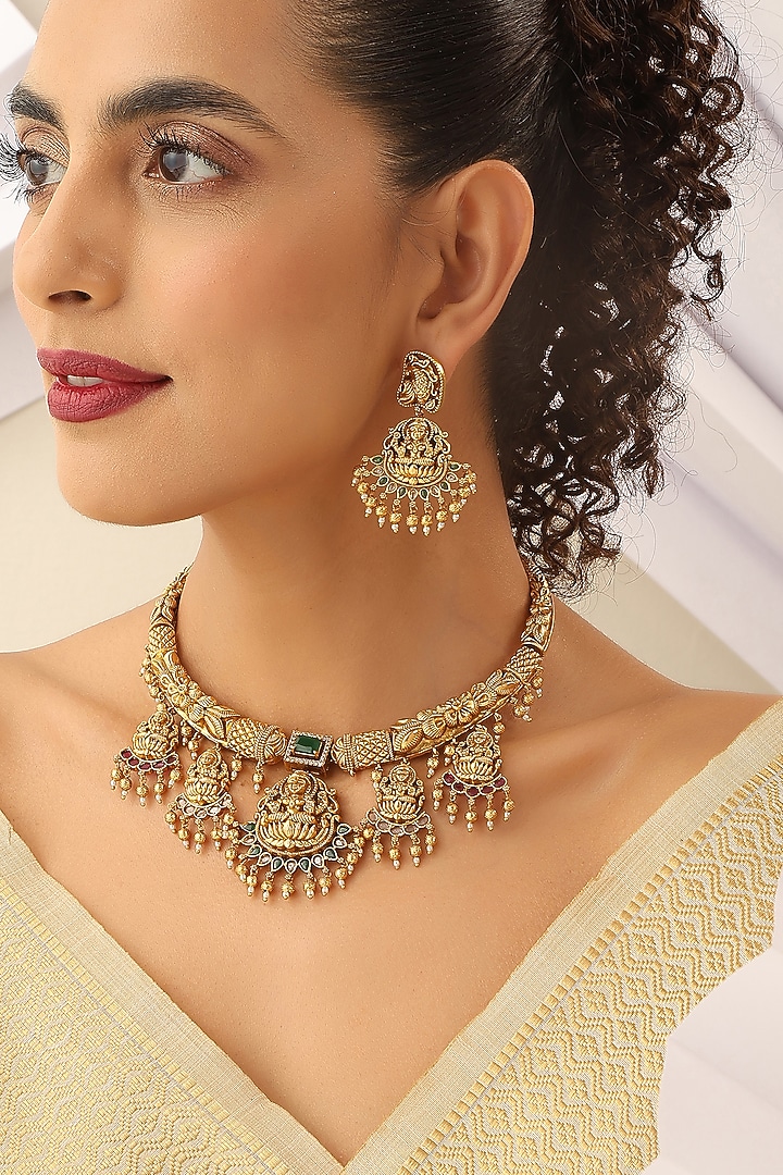 Gold Finish Green Stone Long Temple Necklace Set by MUDRA LUXE at Pernia's Pop Up Shop