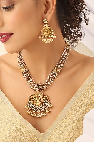 Gold Finish Red Stone Long Temple Necklace Set by MUDRA LUXE