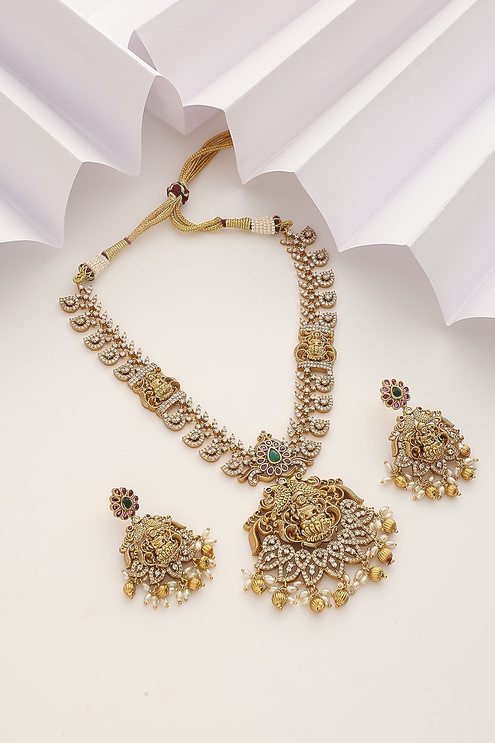 Gold Finish Red Stone Long Temple Necklace Set by MUDRA LUXE at Pernia's Pop Up Shop