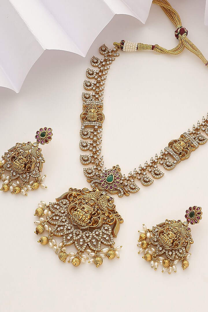 Gold Finish Red Stone Long Temple Necklace Set by MUDRA LUXE at Pernia's Pop Up Shop
