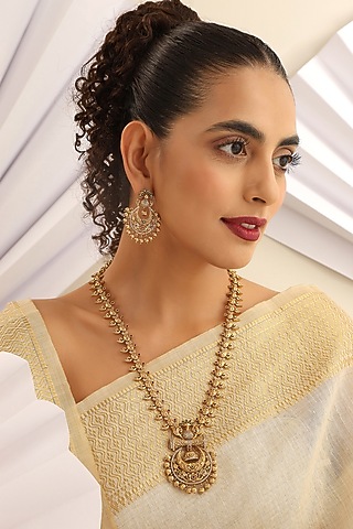 Gold Finish Stone Long Temple Necklace Set by MUDRA LUXE