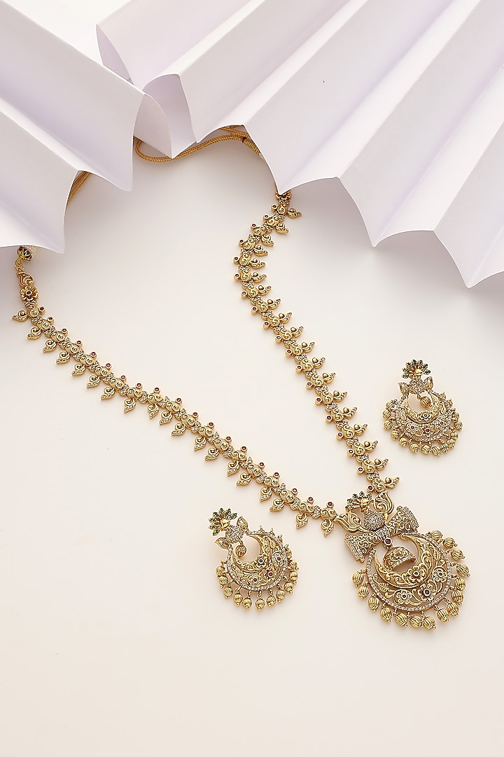 Gold Finish Stone Long Temple Necklace Set by MUDRA LUXE at Pernia's Pop Up Shop