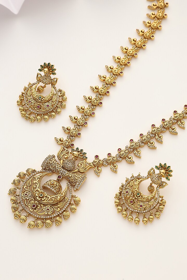Gold Finish Stone Long Temple Necklace Set by MUDRA LUXE at Pernia's Pop Up Shop