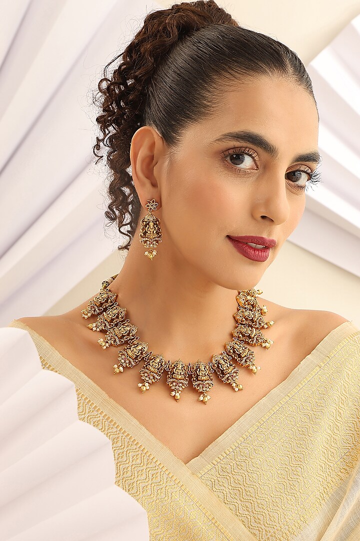 Gold Finish Stone Long Temple Necklace Set by MUDRA LUXE at Pernia's Pop Up Shop