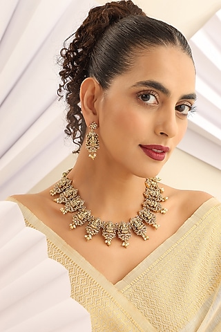 Gold Finish Stone Long Temple Necklace Set by MUDRA LUXE
