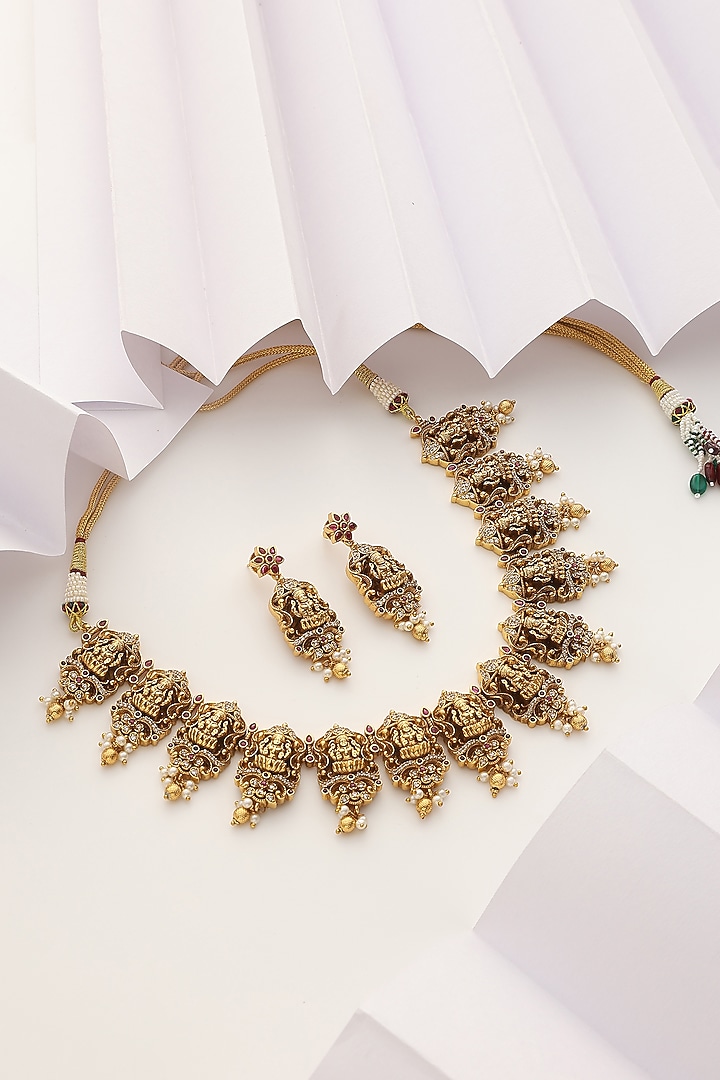 Gold Finish Stone Long Temple Necklace Set by MUDRA LUXE at Pernia's Pop Up Shop