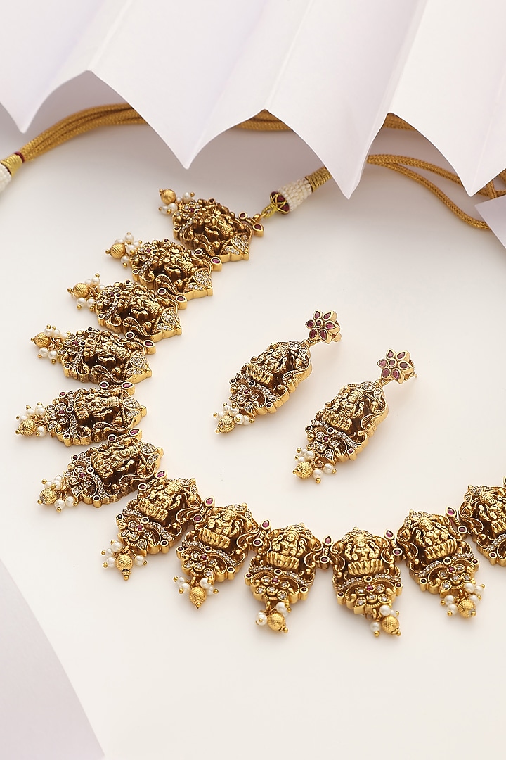 Gold Finish Stone Long Temple Necklace Set by MUDRA LUXE at Pernia's Pop Up Shop