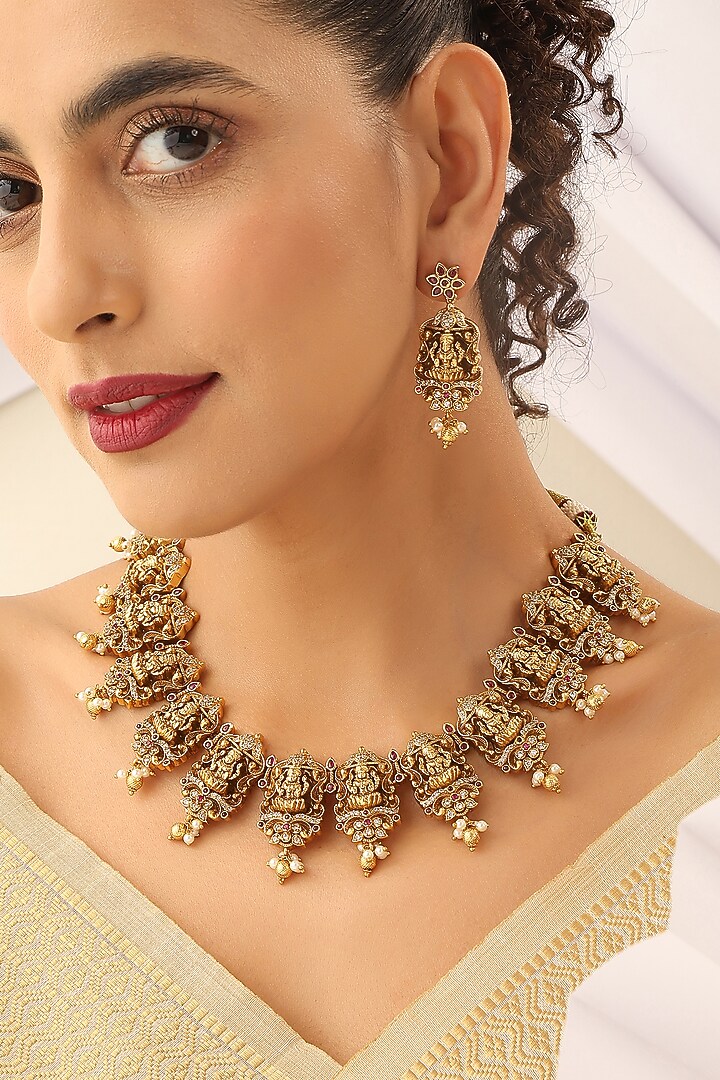 Gold Finish Stone Long Temple Necklace Set by MUDRA LUXE at Pernia's Pop Up Shop