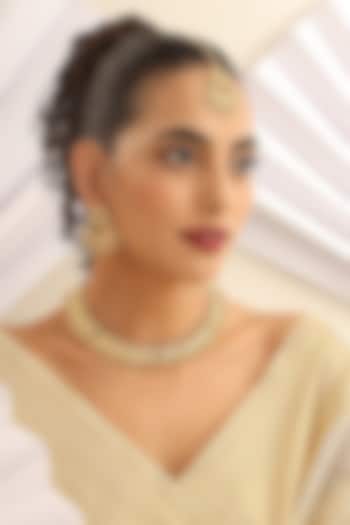 Gold Finish Green Stone Long Temple Necklace Set by MUDRA LUXE at Pernia's Pop Up Shop