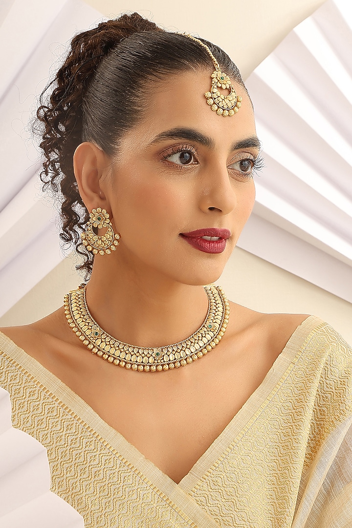 Gold Finish Green Stone Long Temple Necklace Set by MUDRA LUXE at Pernia's Pop Up Shop