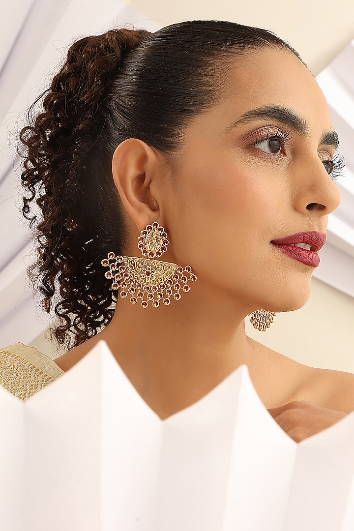 Gold Finish Red Stone Temple Chandbaali Earrings by MUDRA LUXE