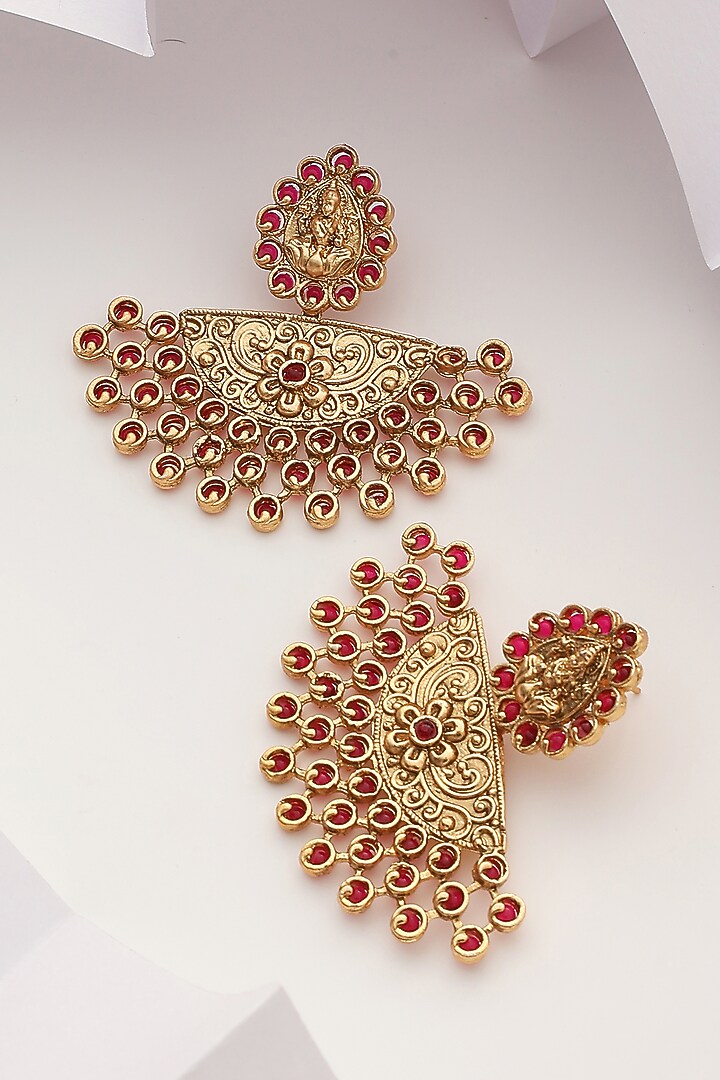 Gold Finish Red Stone Temple Chandbaali Earrings by MUDRA LUXE at Pernia's Pop Up Shop