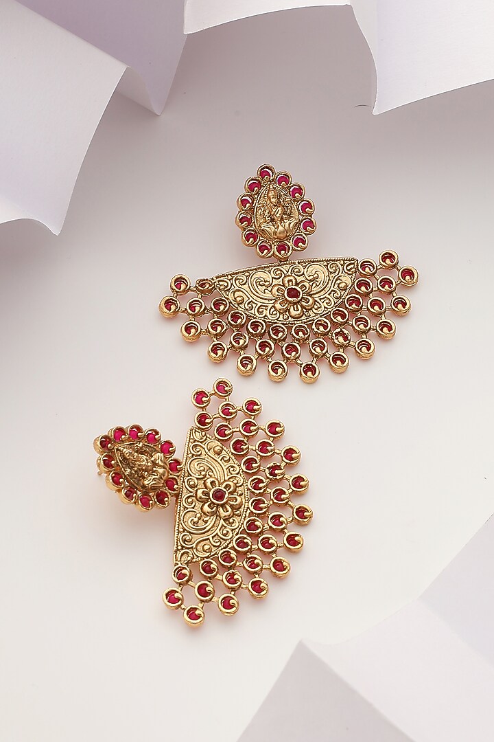 Gold Finish Red Stone Temple Chandbaali Earrings by MUDRA LUXE at Pernia's Pop Up Shop