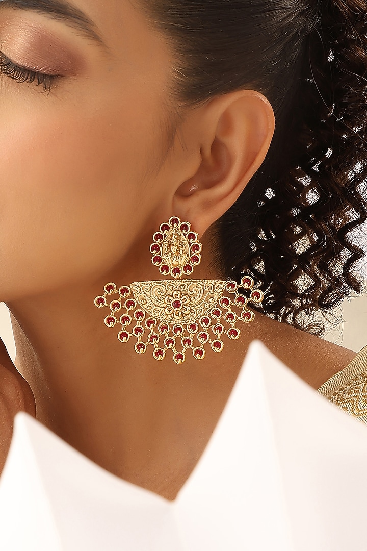 Gold Finish Red Stone Temple Chandbaali Earrings by MUDRA LUXE at Pernia's Pop Up Shop