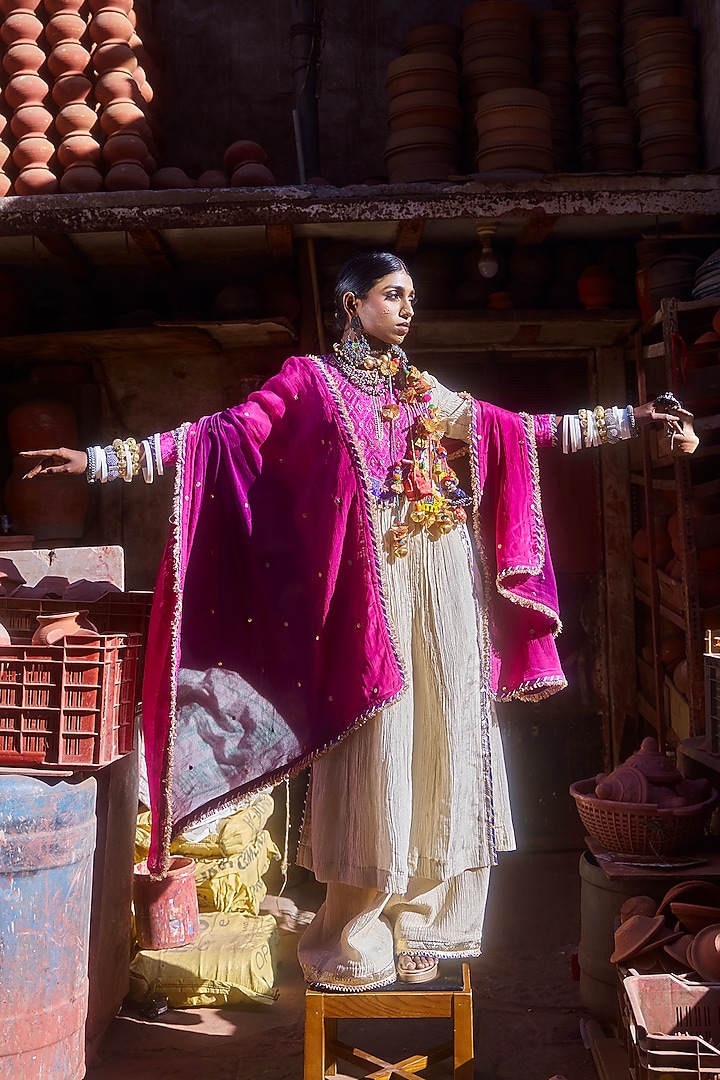 Beige & Pink Pochampally Raw Silk Ikat Fabric Handwork Kurta Set by Muskann Kapadiaa at Pernia's Pop Up Shop