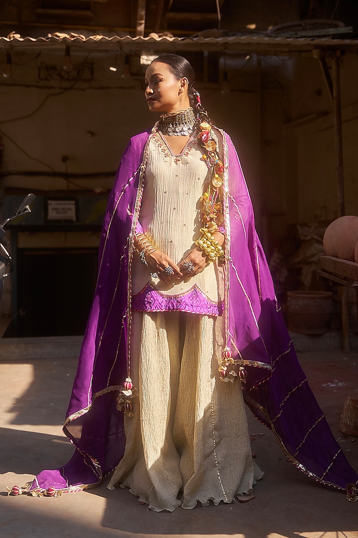 Beige & Purple Pochampally Raw Silk Ikat Fabric Handwork Short Kurta Set by Muskann Kapadiaa at Pernia's Pop Up Shop