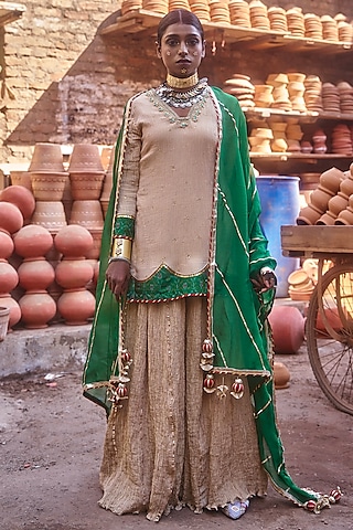 Beige & Green Pochampally Raw Silk Ikat Fabric Handwork Short Kurta Set by Muskann Kapadiaa