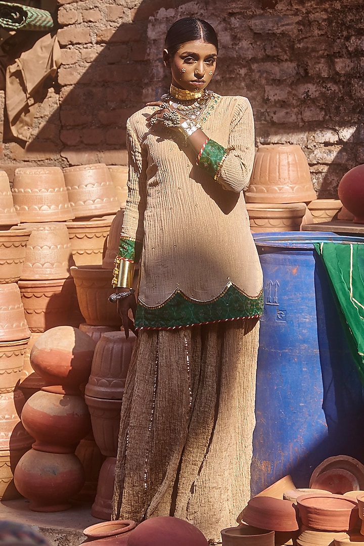 Beige & Green Pochampally Raw Silk Ikat Fabric Handwork Short Kurta Set by Muskann Kapadiaa at Pernia's Pop Up Shop
