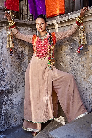 Beige & Red Pochampally Raw Silk Ikat Fabric Handwork Kurta Set by Muskann Kapadiaa