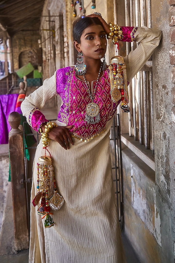 Beige & Pink Pochampally Raw Silk Ikat Fabric Handwork Kurta Set by Muskann Kapadiaa at Pernia's Pop Up Shop