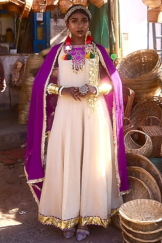 Beige & Purple Pochampally Raw Silk Ikat Fabric Handwork Kurta Set by Muskann Kapadiaa