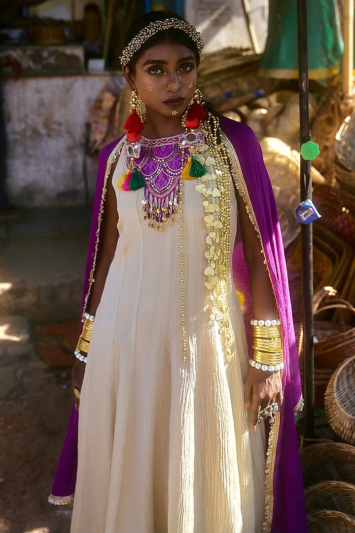 Beige & Purple Pochampally Raw Silk Ikat Fabric Handwork Kurta Set by Muskann Kapadiaa at Pernia's Pop Up Shop