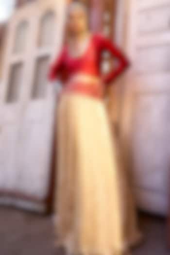 Red Pochampally Raw Silk Ikat Fabric Handwork  dulhan bday 22 may Lehenga Set by Muskann Kapadiaa at Pernia's Pop Up Shop