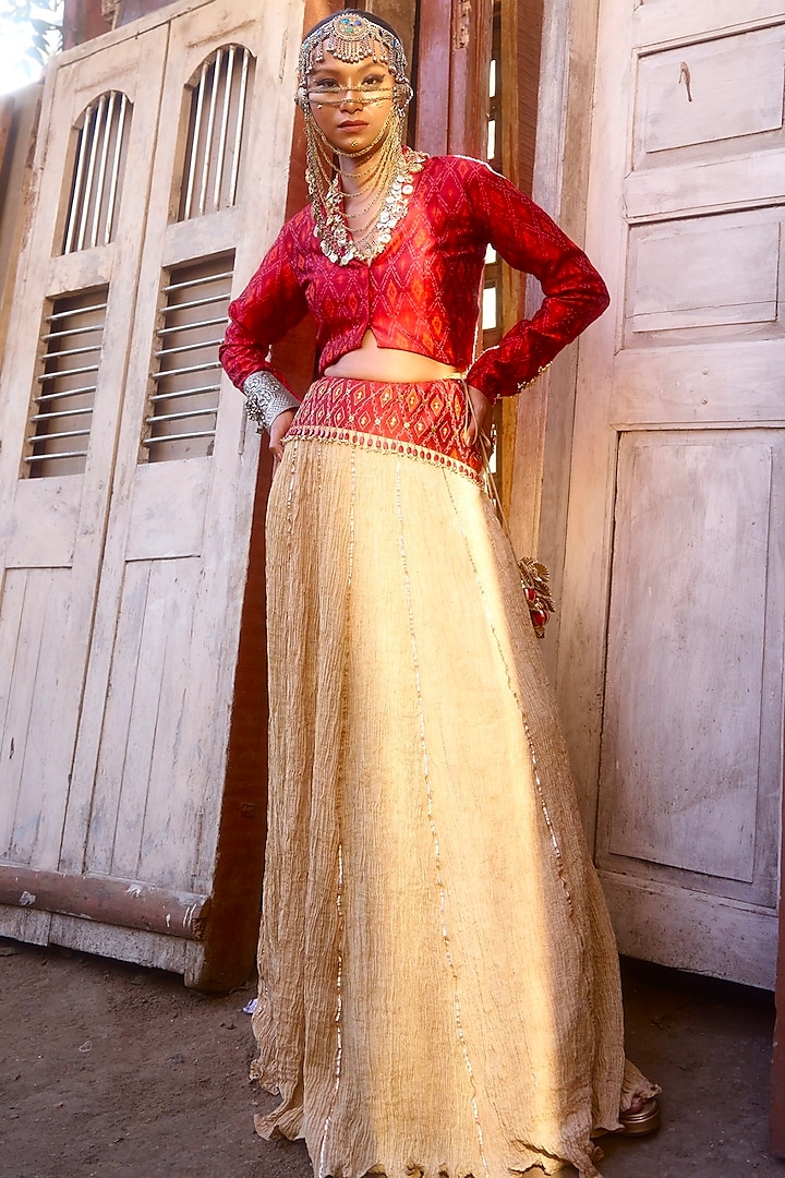 Red Pochampally Raw Silk Ikat Fabric Handwork  dulhan bday 22 may Lehenga Set by Muskann Kapadiaa at Pernia's Pop Up Shop