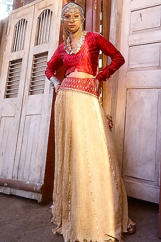 Beige & Red Pochampally Raw Silk Ikat Fabric Lehenga Set by Muskann Kapadiaa