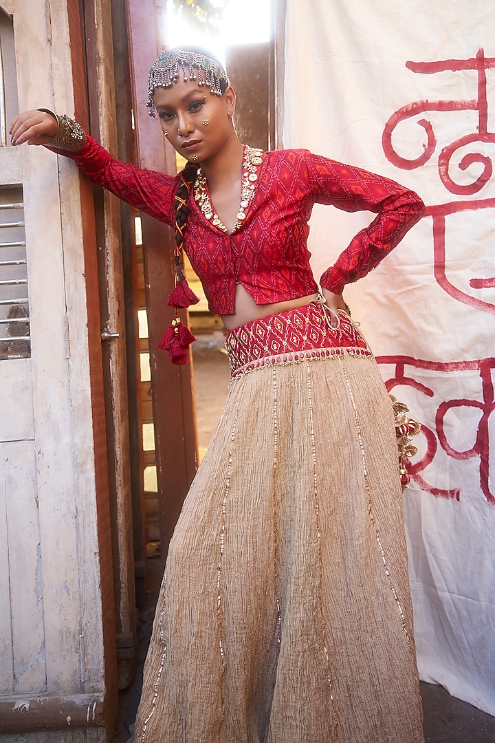 Beige & Red Pochampally Raw Silk Ikat Fabric Wedding Lehenga Set by Muskann Kapadiaa at Pernia's Pop Up Shop