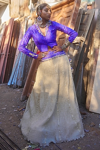 Beige & Blue Pochampally Raw Silk Ikat Fabric Lehenga Set by Muskann Kapadiaa