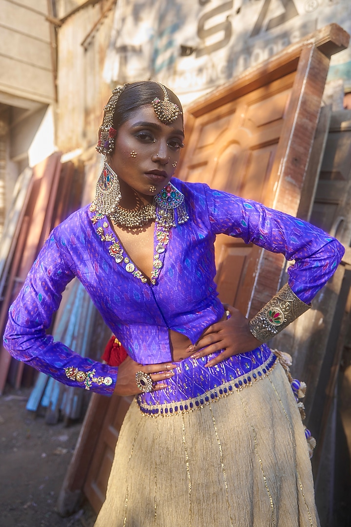 Beige & Blue Pochampally Raw Silk Ikat Fabric Wedding Lehenga Set by Muskann Kapadiaa at Pernia's Pop Up Shop