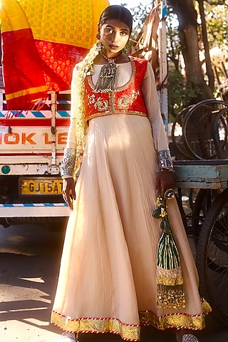 Beige Pochampally Raw Silk Ikat Fabric Handwork Anarkali Set by Muskann Kapadiaa