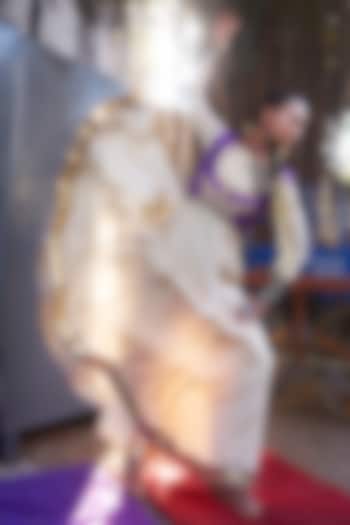Purple Pochampally Raw Silk Ikat Fabric Handwork Party Wear Anarkali Set by Muskann Kapadiaa at Pernia's Pop Up Shop