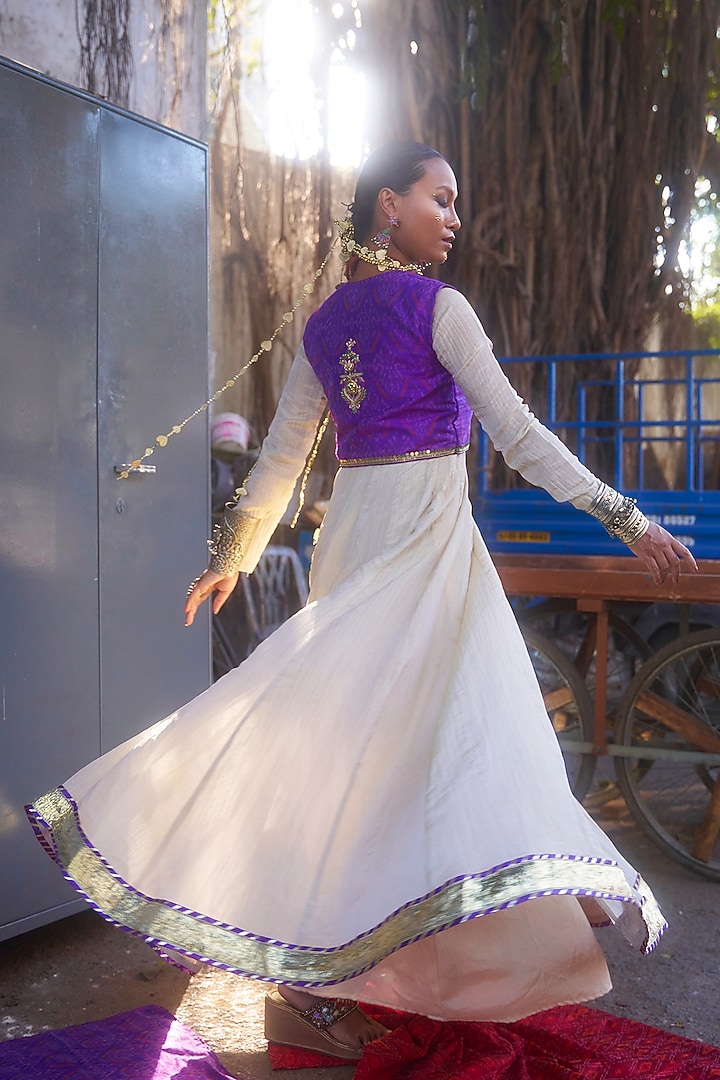 Beige Pochampally Raw Silk Ikat Fabric Handwork Party Wear Anarkali Set by Muskann Kapadiaa at Pernia's Pop Up Shop