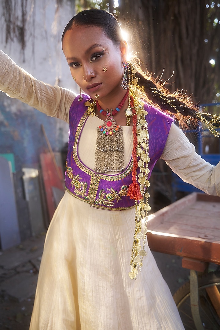 Beige Pochampally Raw Silk Ikat Fabric Handwork Party Wear Anarkali Set by Muskann Kapadiaa at Pernia's Pop Up Shop