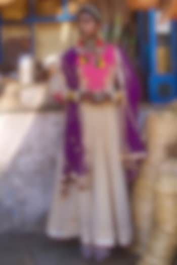 Pink Pochampally Raw Silk Ikat Fabric Handwork Party Wear Anarkali Set by Muskann Kapadiaa at Pernia's Pop Up Shop