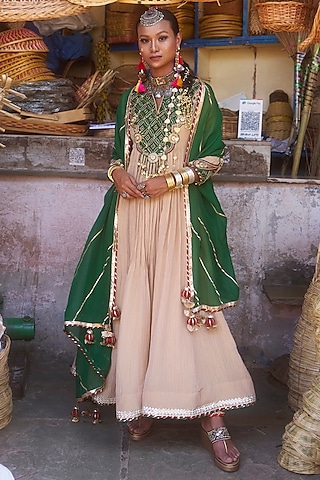 Beige & Green Pochampally Raw Silk Ikat Fabric Anarkali Set by Muskann Kapadiaa