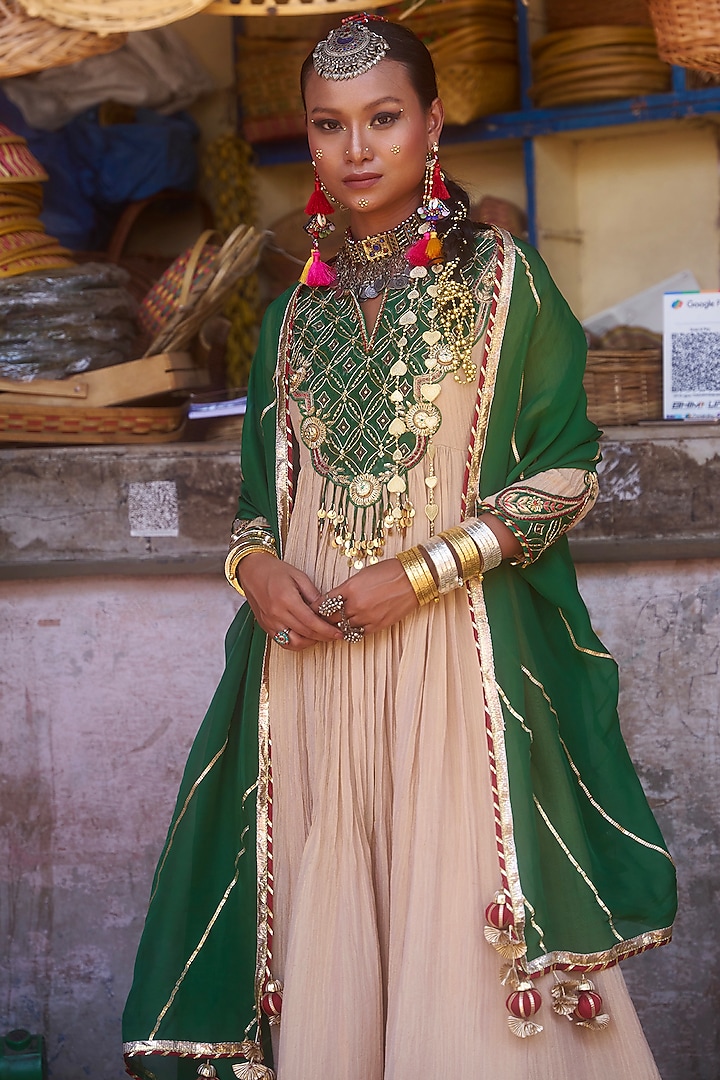 Beige & Green Pochampally Raw Silk Ikat Fabric Party Wear Anarkali Set by Muskann Kapadiaa at Pernia's Pop Up Shop