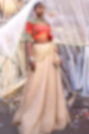 Red Pochampally Raw Silk Ikat Fabric Handwork  dulhan bday 22 may Lehenga Set by Muskann Kapadiaa at Pernia's Pop Up Shop