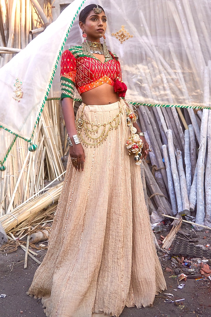 Red Pochampally Raw Silk Ikat Fabric Handwork  dulhan bday 22 may Lehenga Set by Muskann Kapadiaa at Pernia's Pop Up Shop