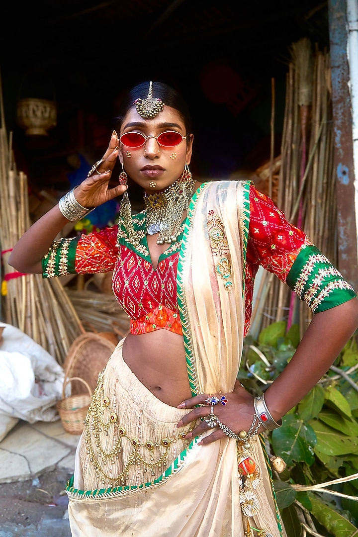 Beige Pochampally Raw Silk Ikat Fabric Handwork Wedding Lehenga Set by Muskann Kapadiaa at Pernia's Pop Up Shop